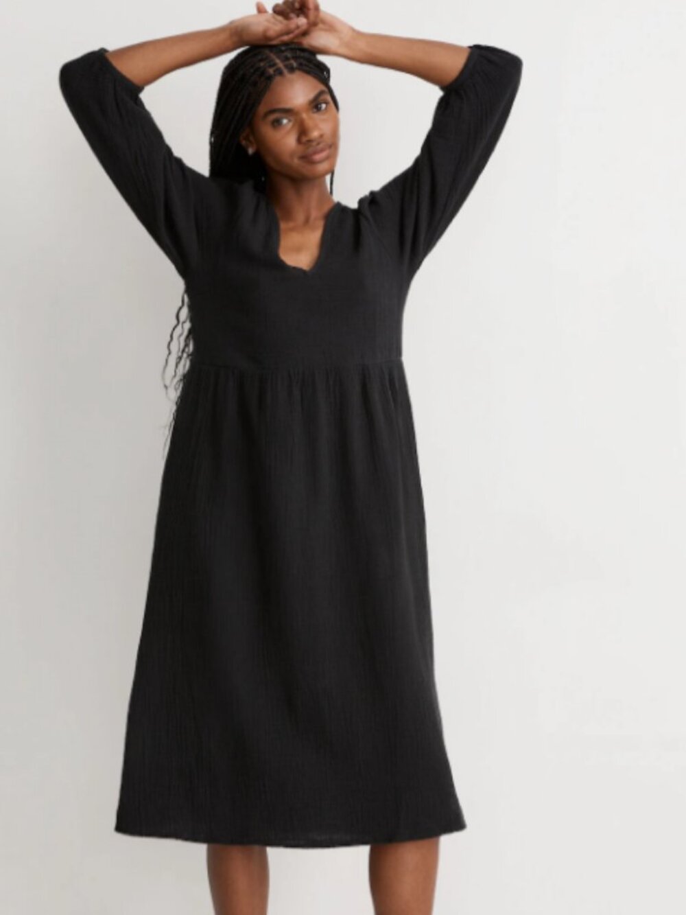Madewell Black V-Neck Midi Dress with Cutout and Puff Sleeves